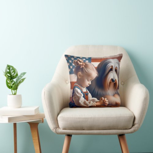 Little Girl Praying With Bearded Collie  Throw Pillow