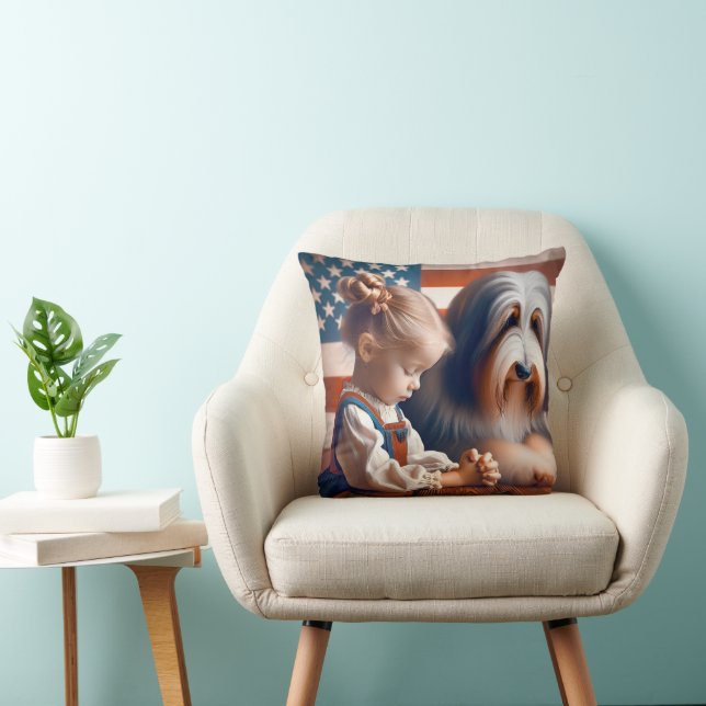 Little Girl Praying With Bearded Collie  Throw Pillow (Chair)