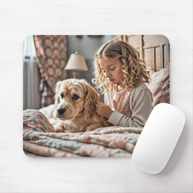Little Girl Praying With Dog Mouse Pad (With Mouse)
