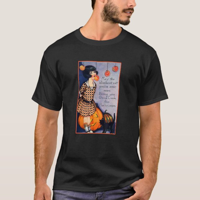 Little Girl Pumpkins Black Cat Hanging Apples Jack T-Shirt (Front)