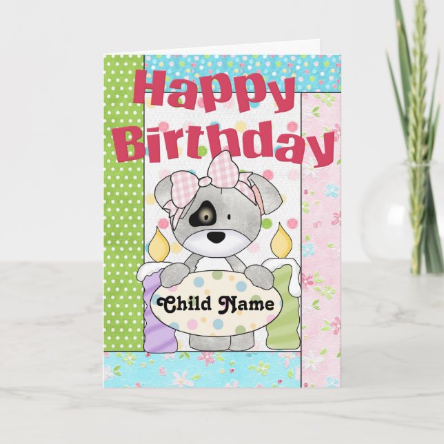 Little Girl Puppy Customizable Happy Birthday Card (Front)