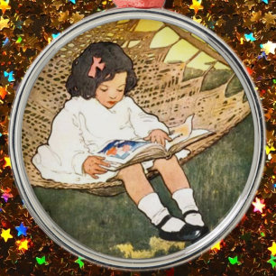Little Girl reading in a hammock Metal Ornament