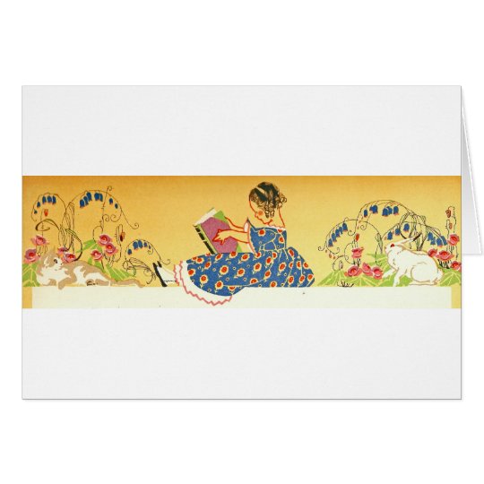 Little Girl reading with bunnies Card