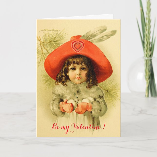 Little Girl,Red Hat and Snowballs Valentine's Day Holiday Card (Front)