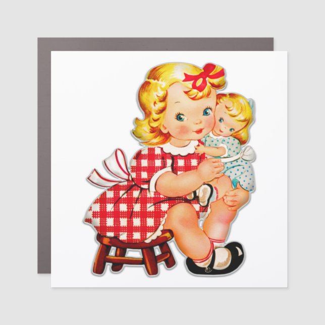 Little girl retro vintage doll child car magnet (Front)