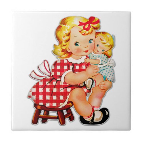 Little girl retro vintage doll child ceramic tile