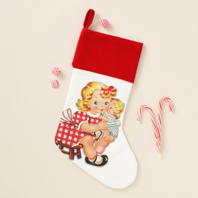 Little girl retro vintage doll child christmas stocking (Front)