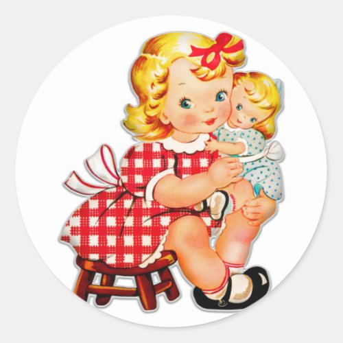 Little girl retro vintage doll child classic round sticker