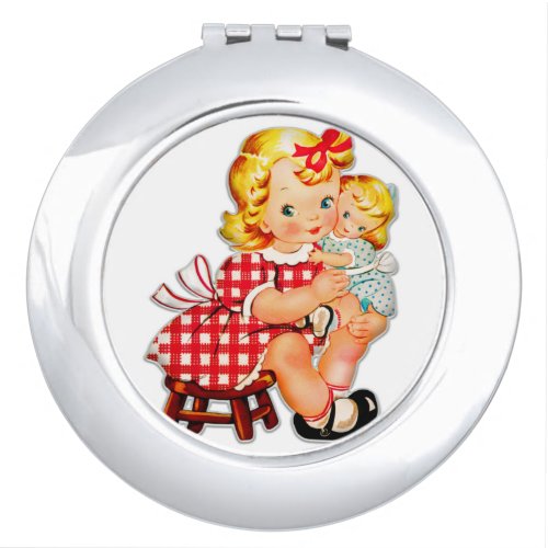 Little girl retro vintage doll child compact mirror