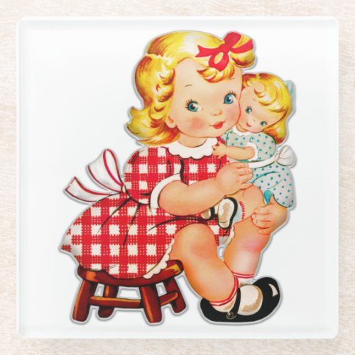 Little girl retro vintage doll child glass coaster