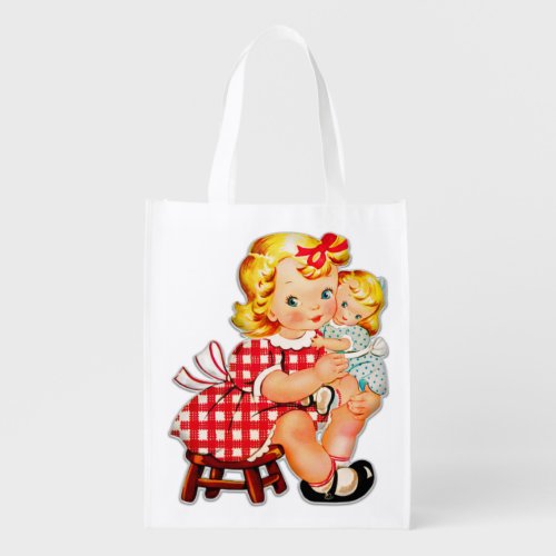 Little girl retro vintage doll child grocery bag