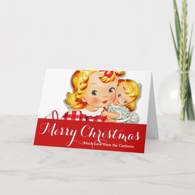 Little girl retro vintage doll child holiday card (Front)