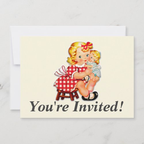 Little girl retro vintage doll child invitation