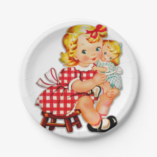 Little girl retro vintage doll child paper plates
