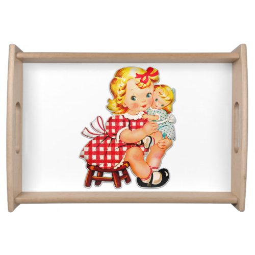 Little girl retro vintage doll child serving tray