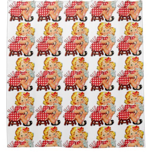 Little girl retro vintage doll child shower curtain