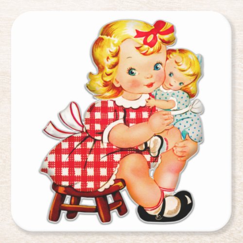 Little girl retro vintage doll child square paper coaster