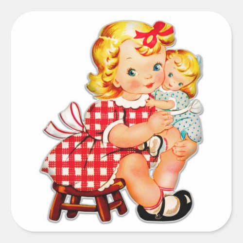 Little girl retro vintage doll child square sticker