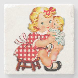 Little girl retro vintage doll child stone coaster