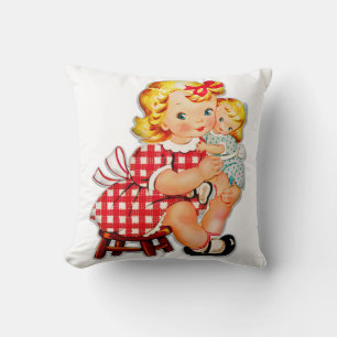 Little girl retro vintage doll child throw pillow