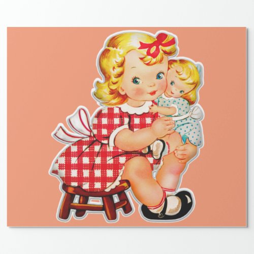 Little girl retro vintage doll child wrapping paper
