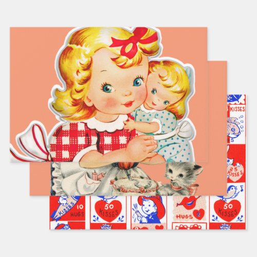 Little girl retro vintage doll child wrapping paper sheets