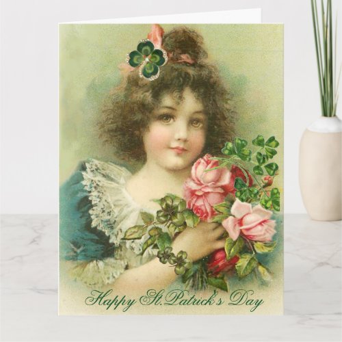 Little Girl Roses and Shamrocks StPatricks Day Card