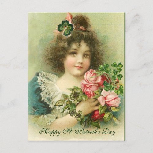 Little Girl Roses and Shamrocks StPatricks Day Postcard