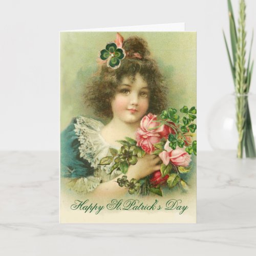 Little Girl Roses Shamrocks Old Irish Blessing Holiday Card