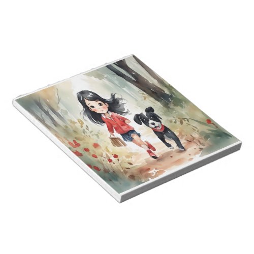 Little girl running in the woods with her dog notepad