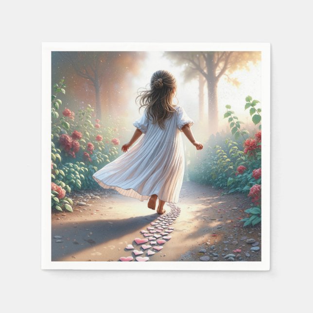 Little Girl Running On a Pink Heart Path Napkins (Front)