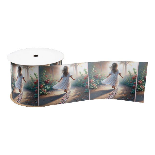 Little Girl Running On a Pink Heart Path Satin Ribbon (Spool)