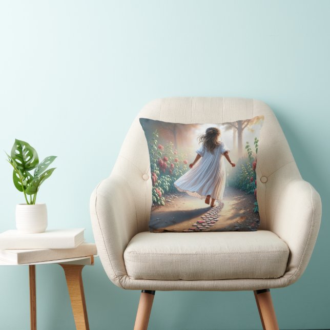 Little Girl Running On a Pink Heart Path Throw Pillow (Chair)