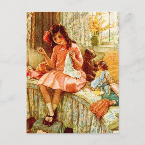 Little Girl Sewing Postcard