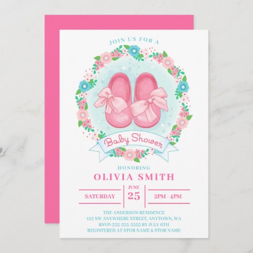 Little Girl Shoes Baby Shower With Bow And Flowers Invitation