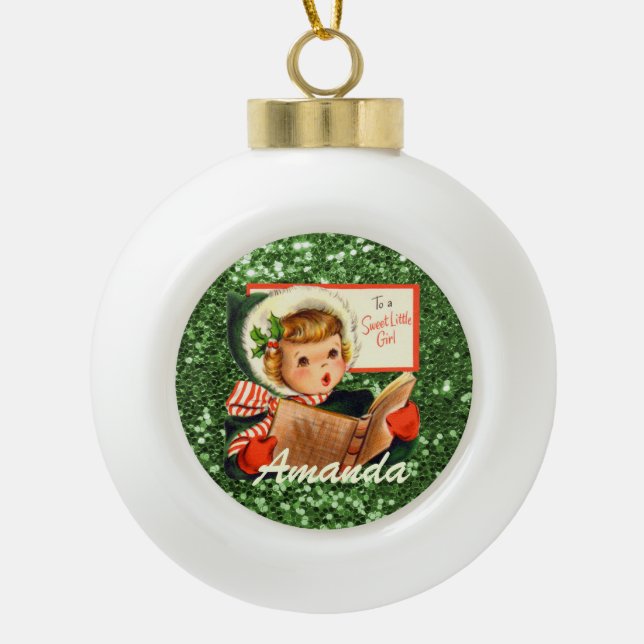 Little Girl Singing Carols Green Faux Glitter Ceramic Ball Christmas Ornament (Front)