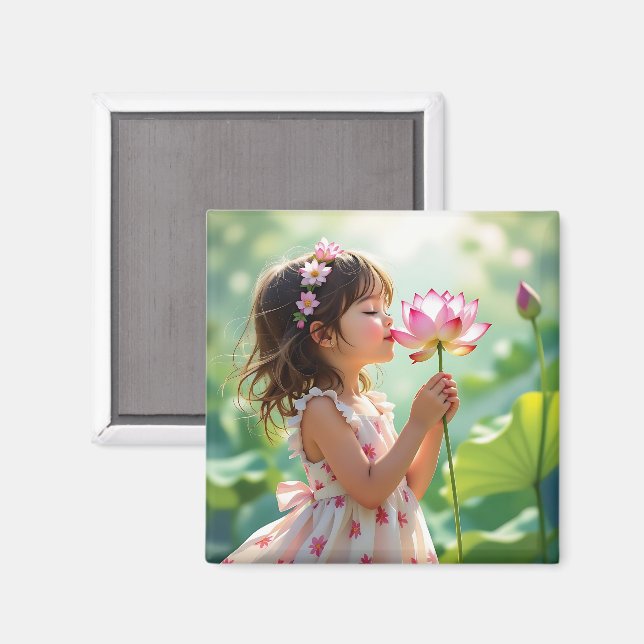 Little Girl Smelling a Pink Rose Personalized Magnet (Front/Back)