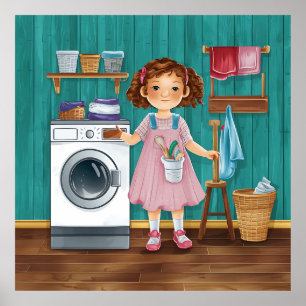 little girl standing in front of a washing machine poster