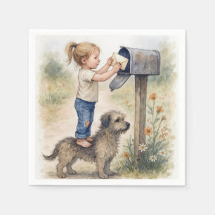 Little Girl Standing On a Dog To Mail a Letter Napkins