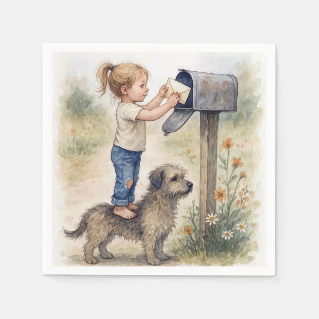 Little Girl Standing On a Dog To Mail a Letter Napkins (Front)