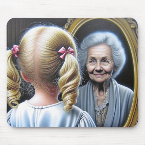 Little Girl Staring at Old Lady In Mirror Mouse Pad