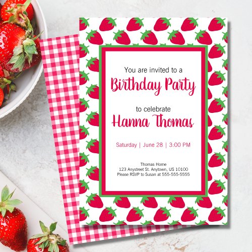 Little Girl Strawberry Pattern Green Pink Birthday Invitation