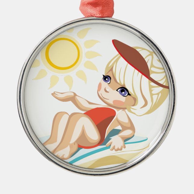 Little girl sunbathing on the beach metal ornament (Front)