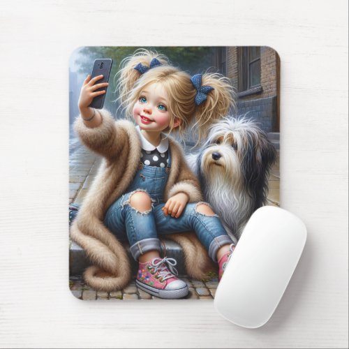 Little Girl Taking a Selfie With Dog Mouse Pad