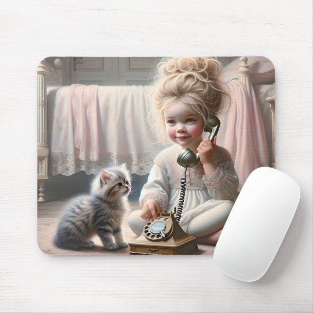 Little Girl Talking On A Telephone Mouse Pad (With Mouse)