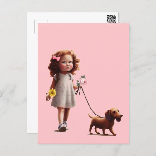 Little Girl Walking Dachshund  Postcard
