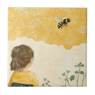 Little Girl Watching a Bumblebee Ceramic Tile