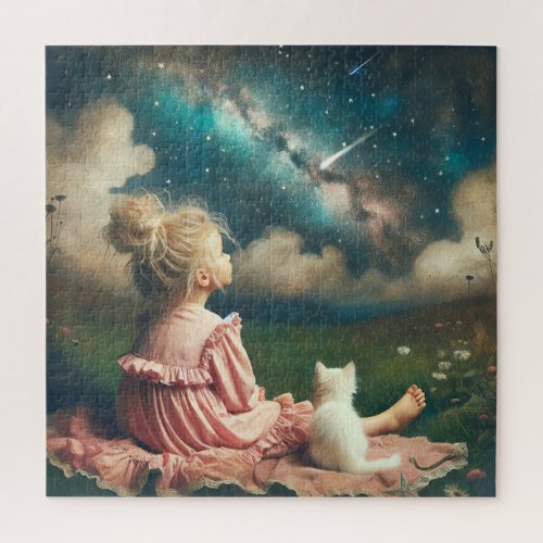Little Girl Watching a Shooting Star Jigsaw Puzzle