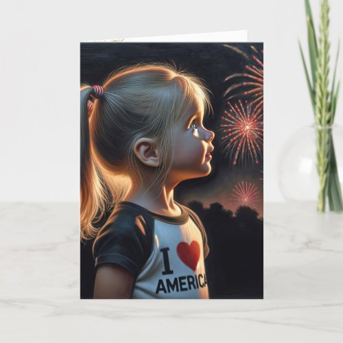 Little Girl Watching Holiday Fireworks Card