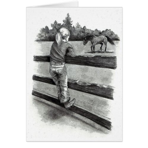 Little Girl Watching Horse in Pasture Pencil